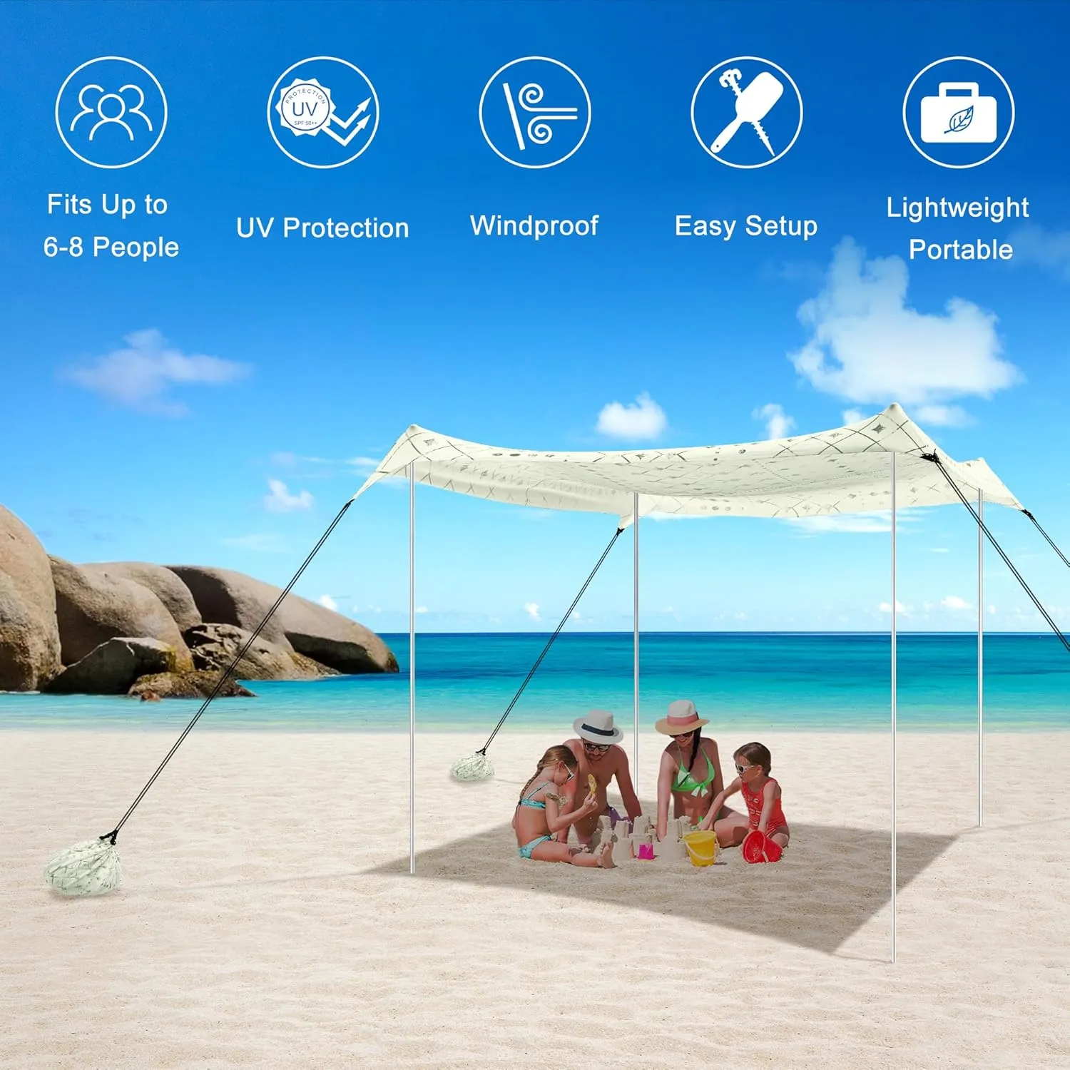 Beach Tent, Beach Canopy Sun Shade UPF 50 , Portable 10×10 FT Camping Sun Shelter with Sandbags, Poles, Ground Pegs and Anti-Wind Rope for Outdoor, Backyard, Picnics, Fishing