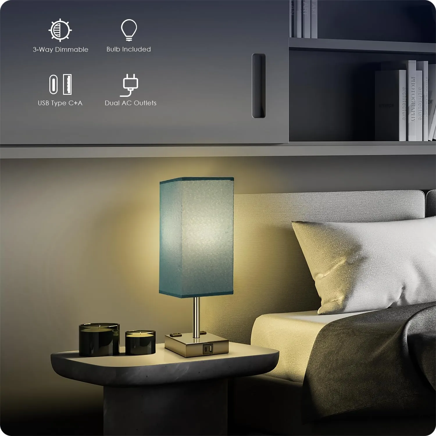 Bedside Lamp with USB Ports - Touch Control Table Lamp for Bedroom with USB C A Charging Ports & AC Outlets, 3 Way Dimmable Nightstand Light with Flaxen Shade for Living Room (LED Bulb Included, Blue)