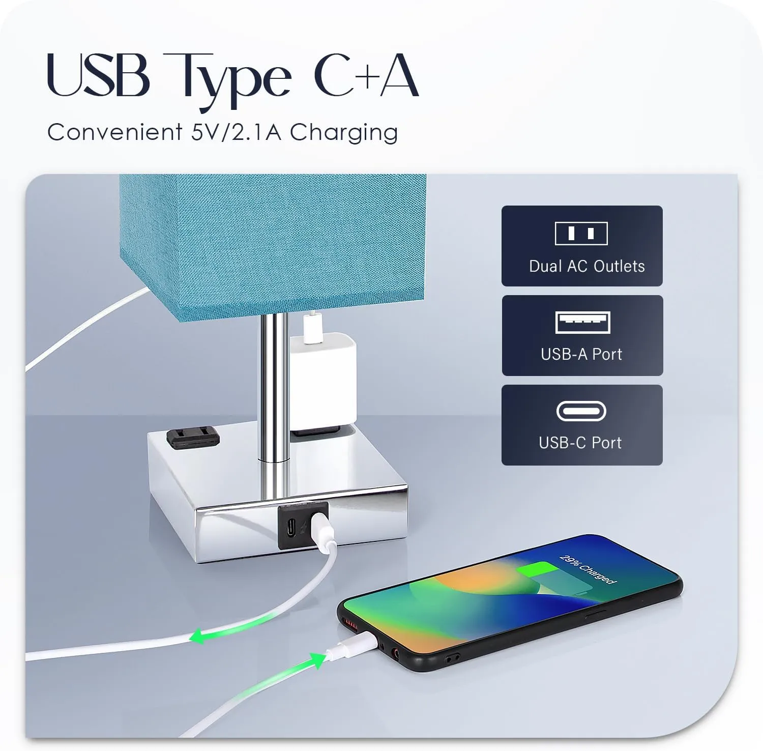 Bedside Lamp with USB Ports - Touch Control Table Lamp for Bedroom with USB C A Charging Ports & AC Outlets, 3 Way Dimmable Nightstand Light with Flaxen Shade for Living Room (LED Bulb Included, Blue)