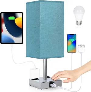 Bedside Lamp with USB Ports - Touch Control Table Lamp for Bedroom with USB C A Charging Ports & AC Outlets, 3 Way Dimmable Nightstand Light with Flaxen Shade for Living Room (LED Bulb Included, Blue)