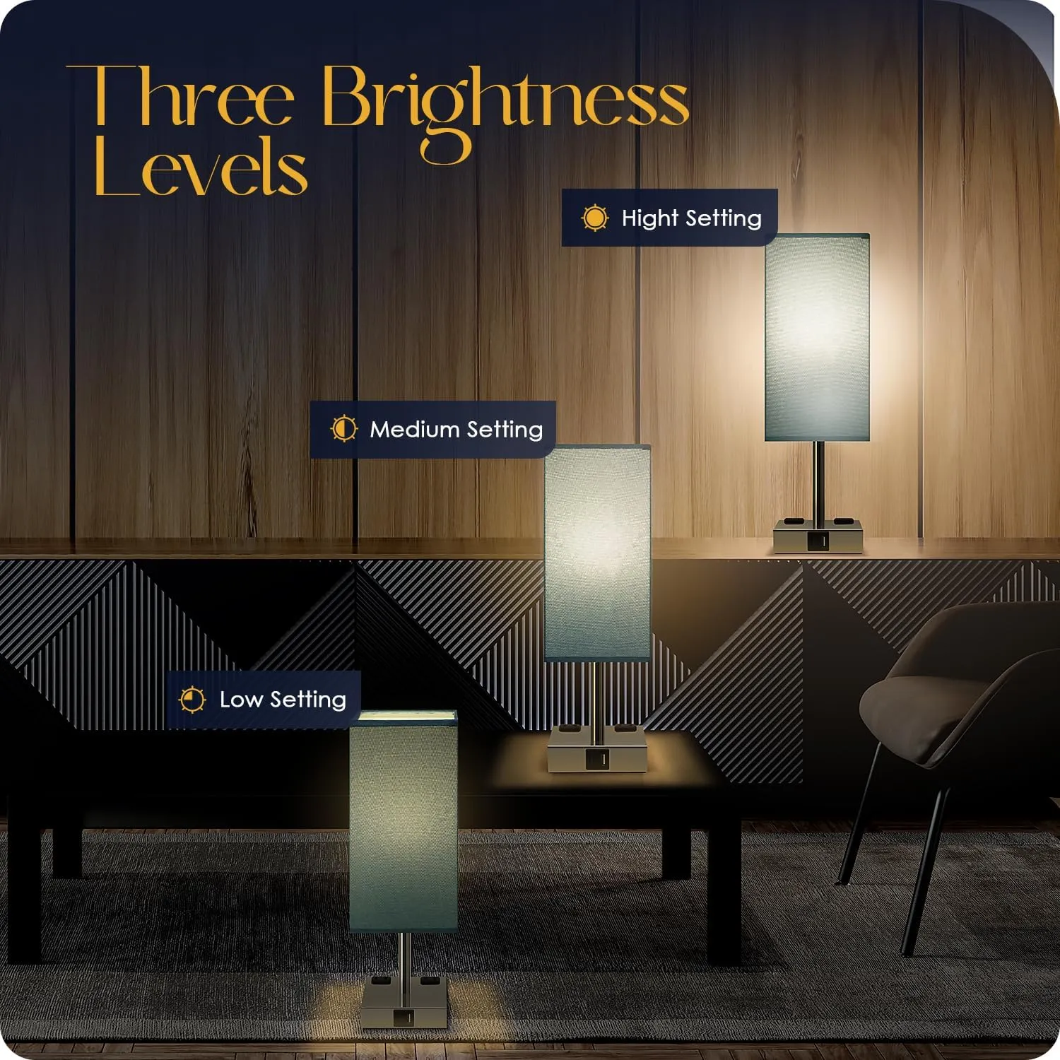 Bedside Lamp with USB Ports - Touch Control Table Lamp for Bedroom with USB C A Charging Ports & AC Outlets, 3 Way Dimmable Nightstand Light with Flaxen Shade for Living Room (LED Bulb Included, Blue)