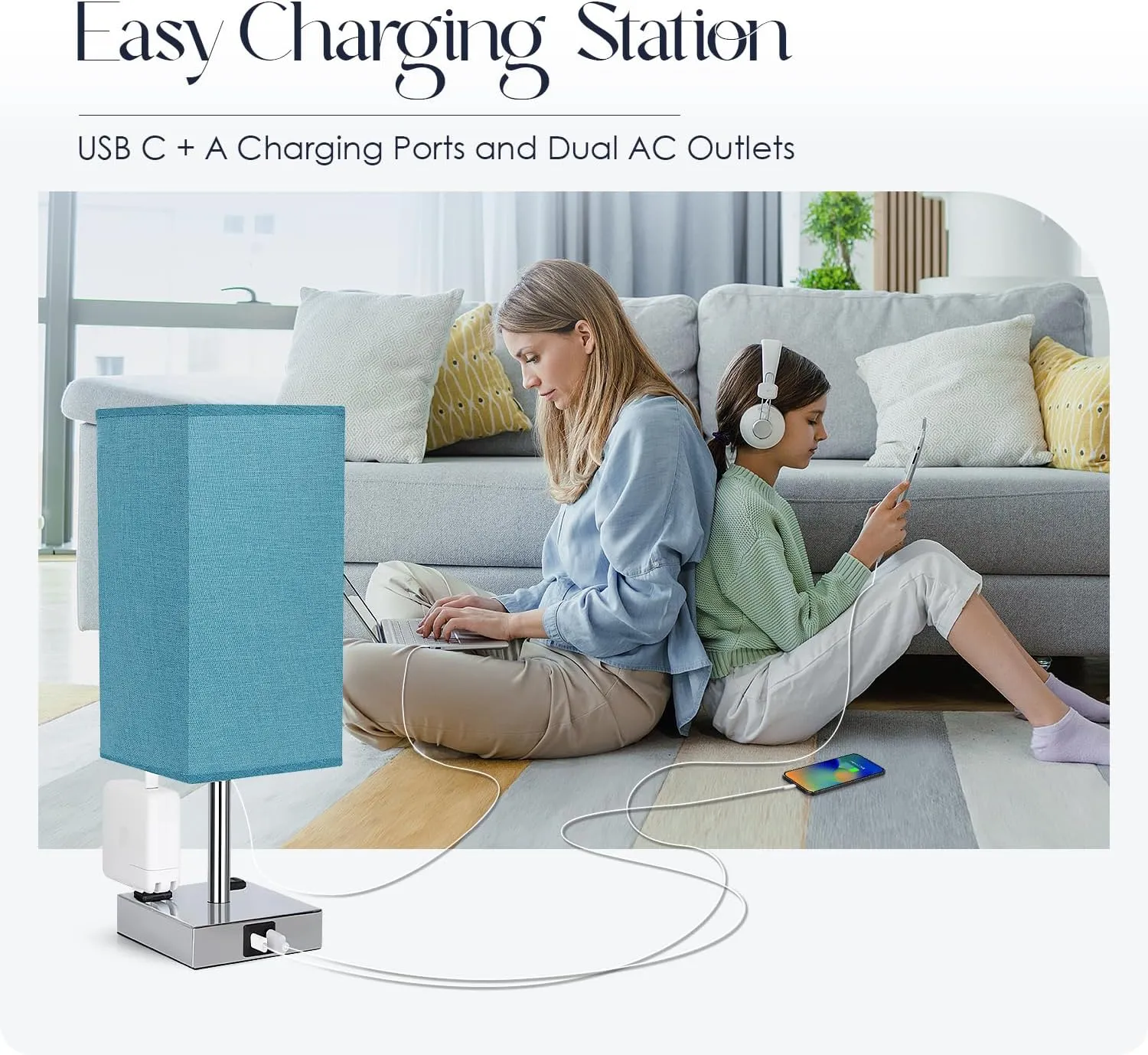 Bedside Lamp with USB Ports - Touch Control Table Lamp for Bedroom with USB C A Charging Ports & AC Outlets, 3 Way Dimmable Nightstand Light with Flaxen Shade for Living Room (LED Bulb Included, Blue)