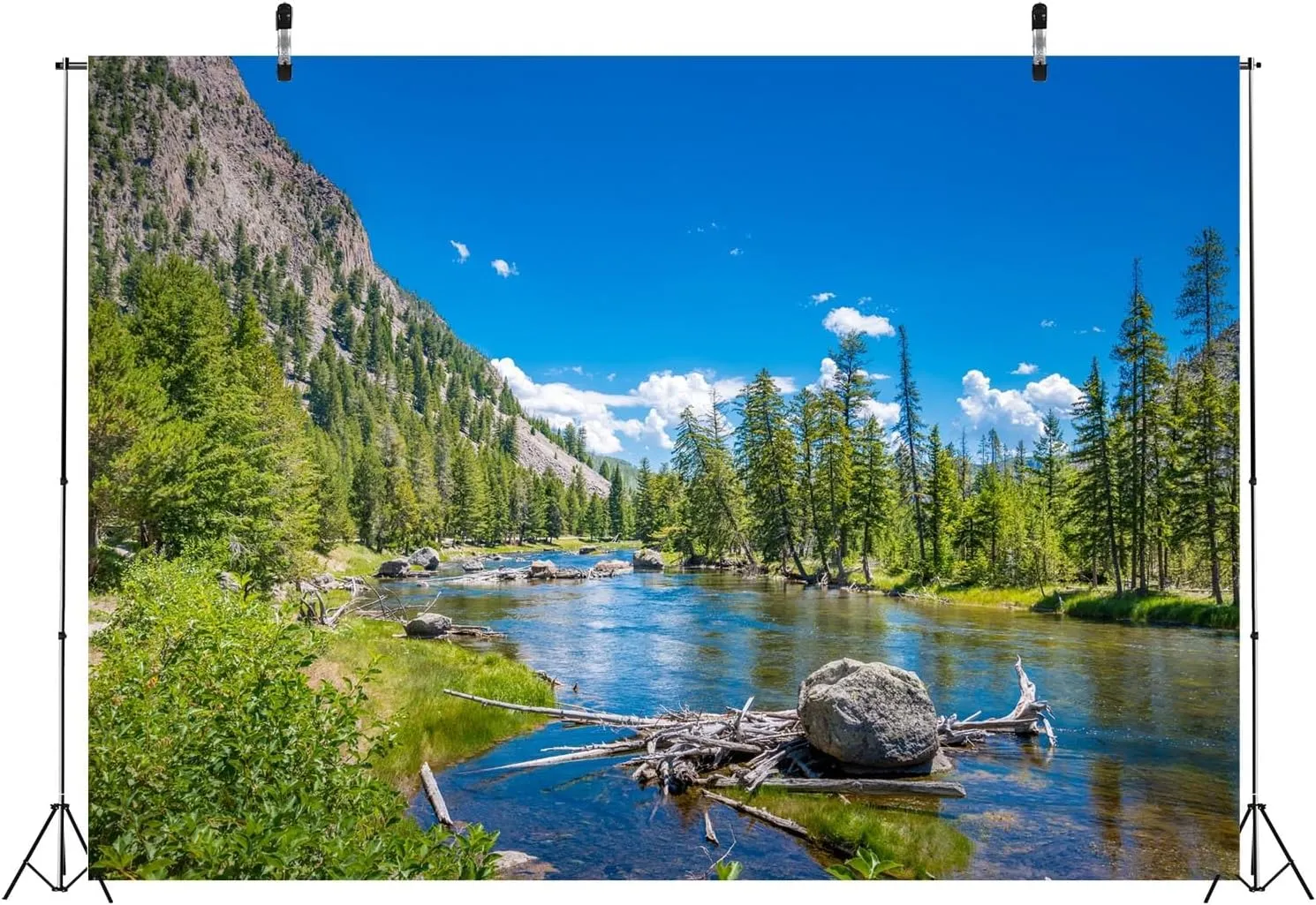BELECO 8x6ft Fabric Mountain Lake Backdrop Yellowstone National Park Mountain Forest Trees Nature River Stones Background Camping Hiking Decor Kid Adult Artistic Portrait Photo Studio Props