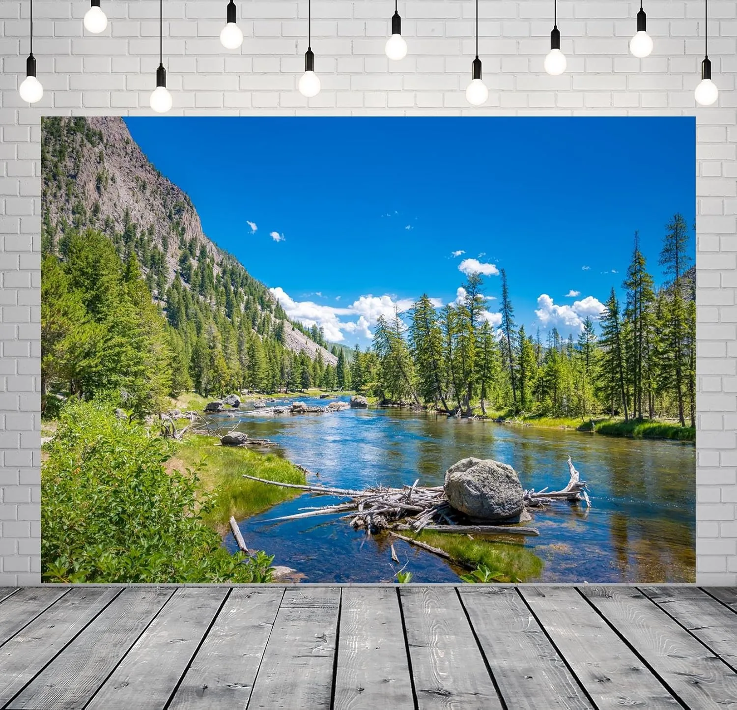 BELECO 8x6ft Fabric Mountain Lake Backdrop Yellowstone National Park Mountain Forest Trees Nature River Stones Background Camping Hiking Decor Kid Adult Artistic Portrait Photo Studio Props
