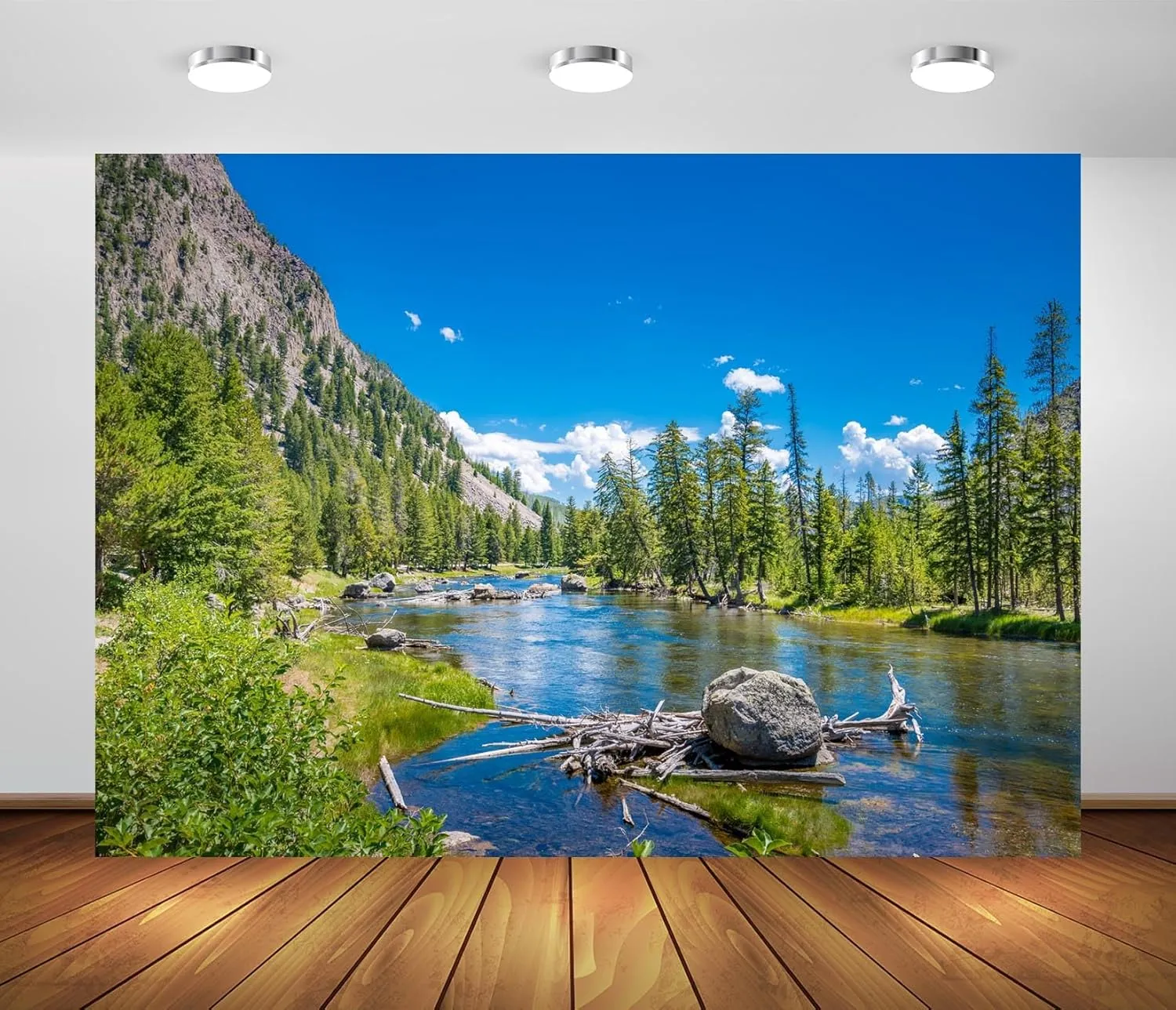 BELECO 8x6ft Fabric Mountain Lake Backdrop Yellowstone National Park Mountain Forest Trees Nature River Stones Background Camping Hiking Decor Kid Adult Artistic Portrait Photo Studio Props