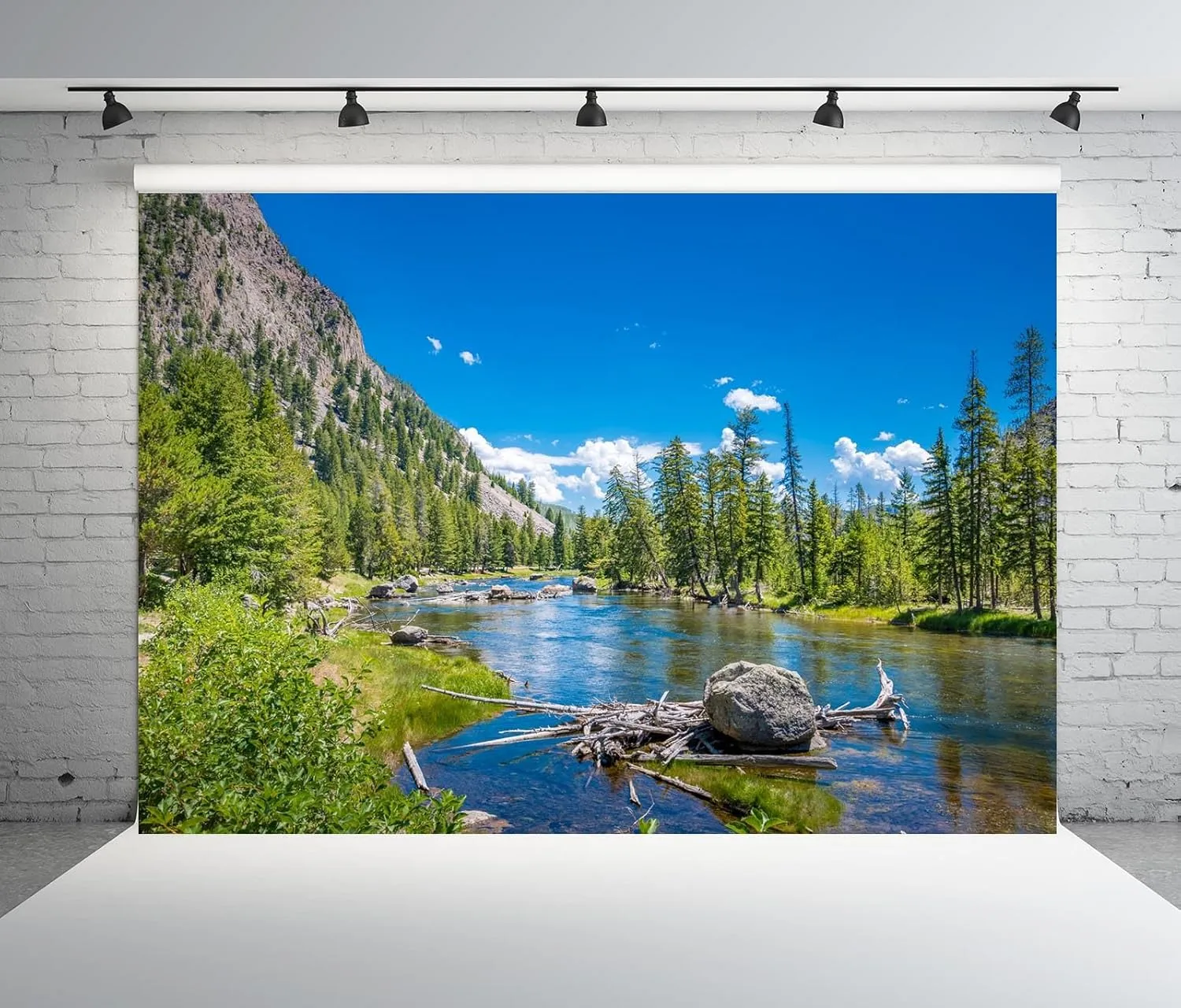 BELECO 8x6ft Fabric Mountain Lake Backdrop Yellowstone National Park Mountain Forest Trees Nature River Stones Background Camping Hiking Decor Kid Adult Artistic Portrait Photo Studio Props