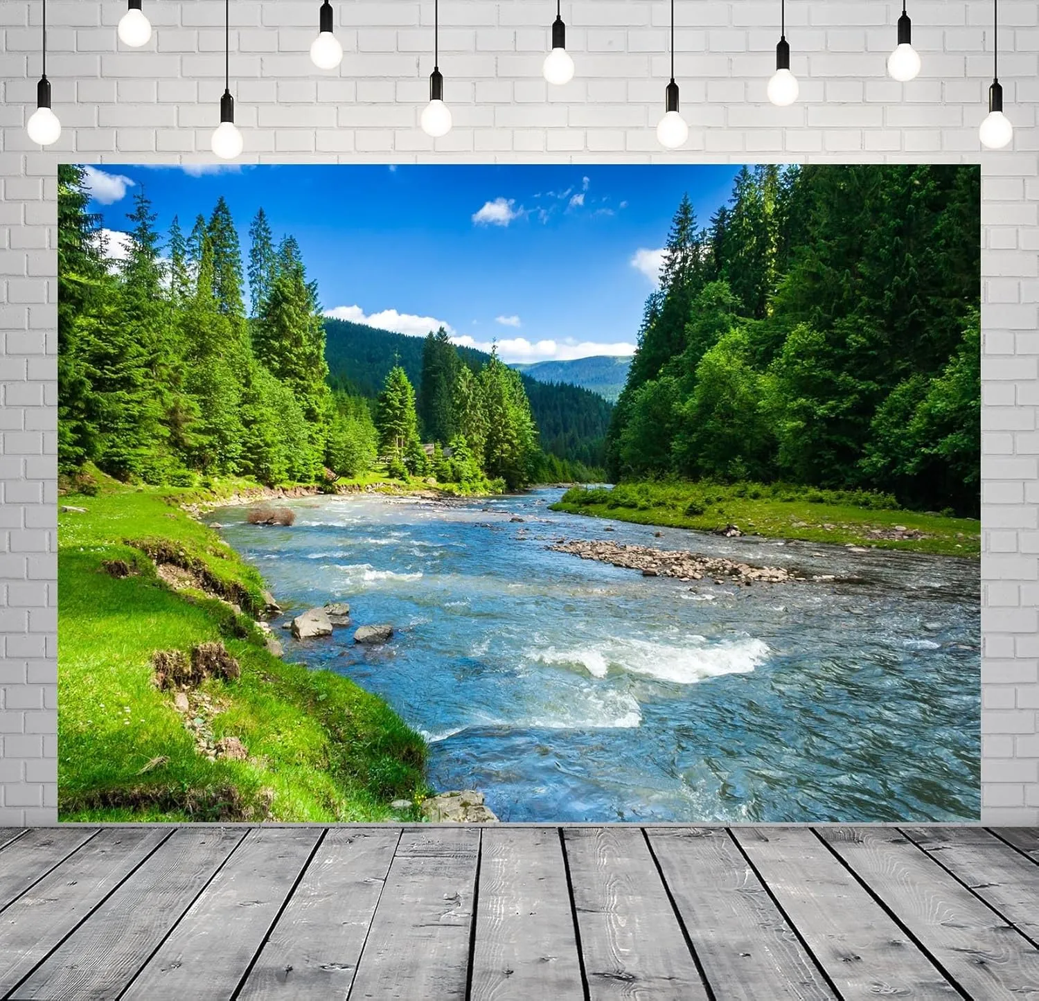 BELECO 8x6ft Fabric Mountain River Backdrop Spring Summer Landscape Forest Trees Nature River Stones Background Outdoor Camping Hiking Decor Kid Adult Artistic Portrait Photo Studio Props