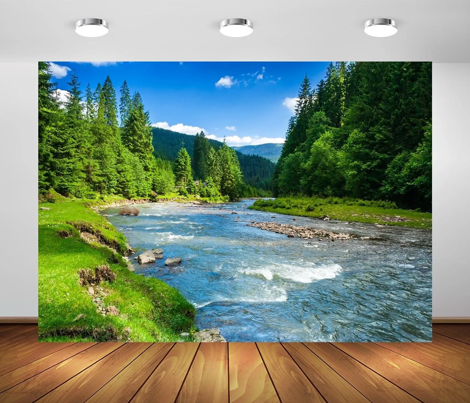 BELECO 8x6ft Fabric Mountain River Backdrop Spring Summer Landscape Forest Trees Nature River Stones Background Outdoor Camping Hiking Decor Kid Adult Artistic Portrait Photo Studio Props