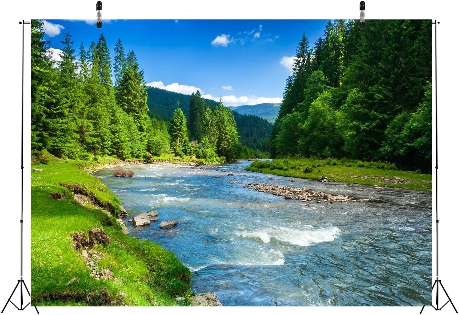 BELECO 8x6ft Fabric Mountain River Backdrop Spring Summer Landscape Forest Trees Nature River Stones Background Outdoor Camping Hiking Decor Kid Adult Artistic Portrait Photo Studio Props