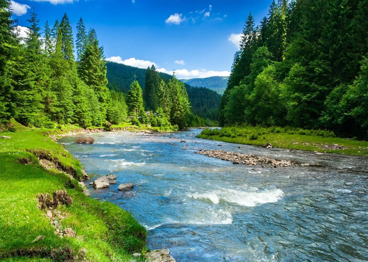 BELECO 8x6ft Fabric Mountain River Backdrop Spring Summer Landscape Forest Trees Nature River Stones Background Outdoor Camping Hiking Decor Kid Adult Artistic Portrait Photo Studio Props