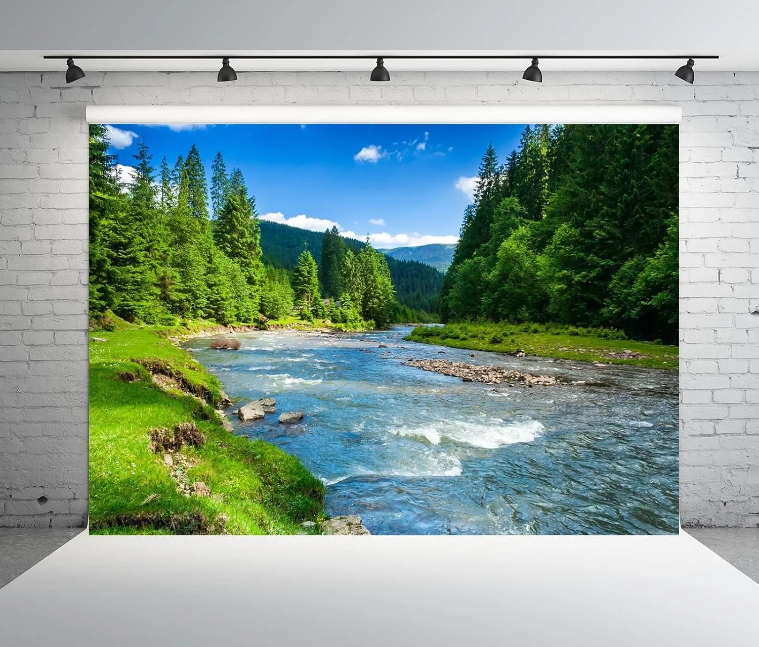 BELECO 8x6ft Fabric Mountain River Backdrop Spring Summer Landscape Forest Trees Nature River Stones Background Outdoor Camping Hiking Decor Kid Adult Artistic Portrait Photo Studio Props