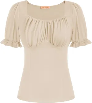 Belle Poque Women Vintage Ruched Tops Square Neck Puff Short Sleeve Cotton Shirt