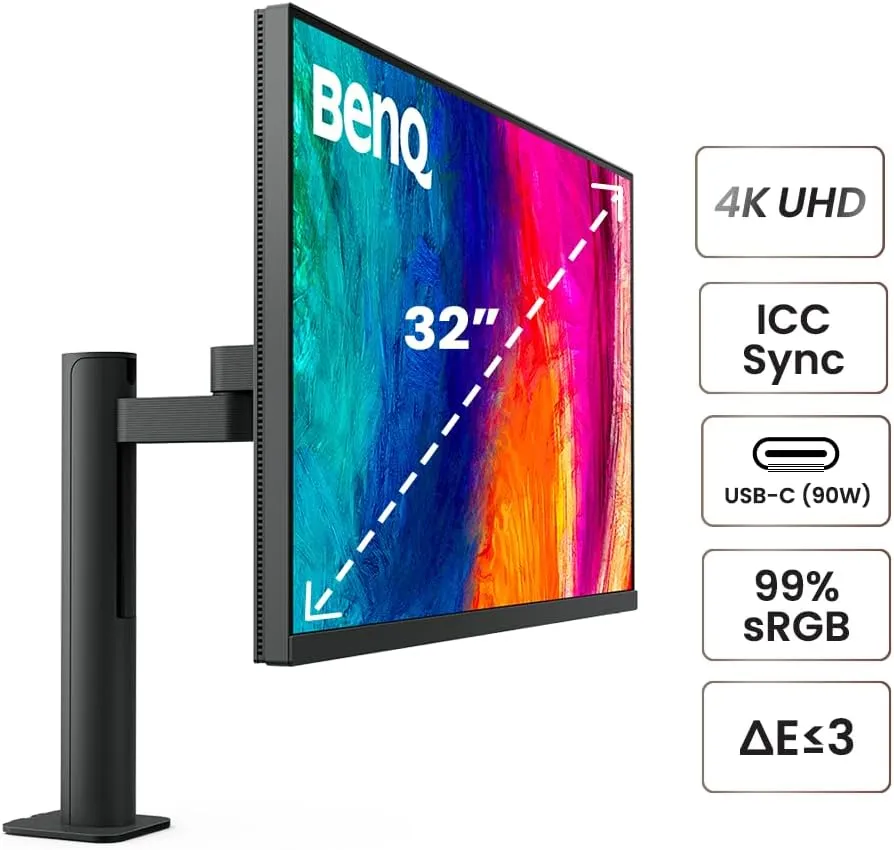 BenQ PD3205UA Ergo Arm Mac-Ready 32" 4K UHD | 99% Rec.709 & sRGB | IPS | Built-In Ergo Mount | ICCSync | Uniformity | Delta E≤3 | Calibration Report | AQCOLOR | Pantone | USB-Hub | USB-C (90W)