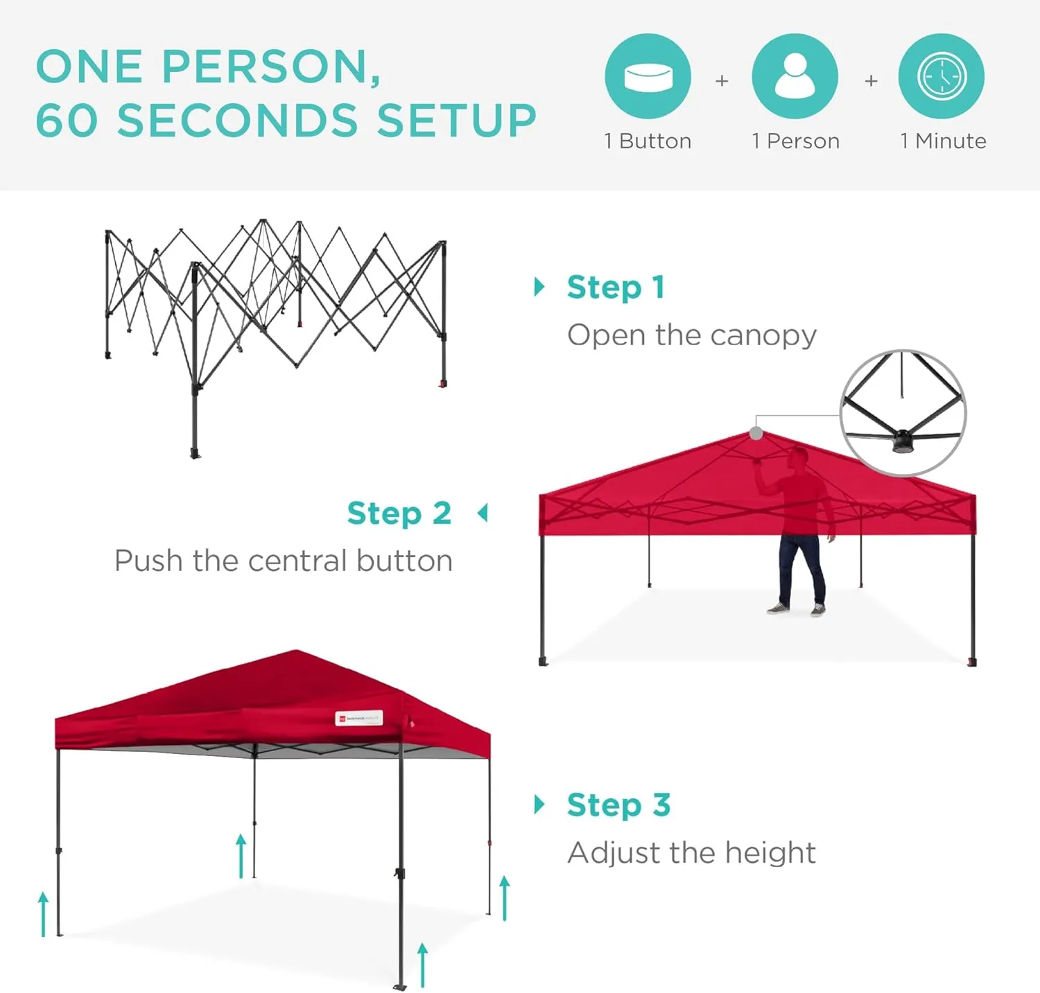 Best Choice Products 10x10ft 1-Person Setup Pop Up Canopy Tent Instant Portable Shelter w/ 1-Button Push, Case, 4 Weight Bags - Red
