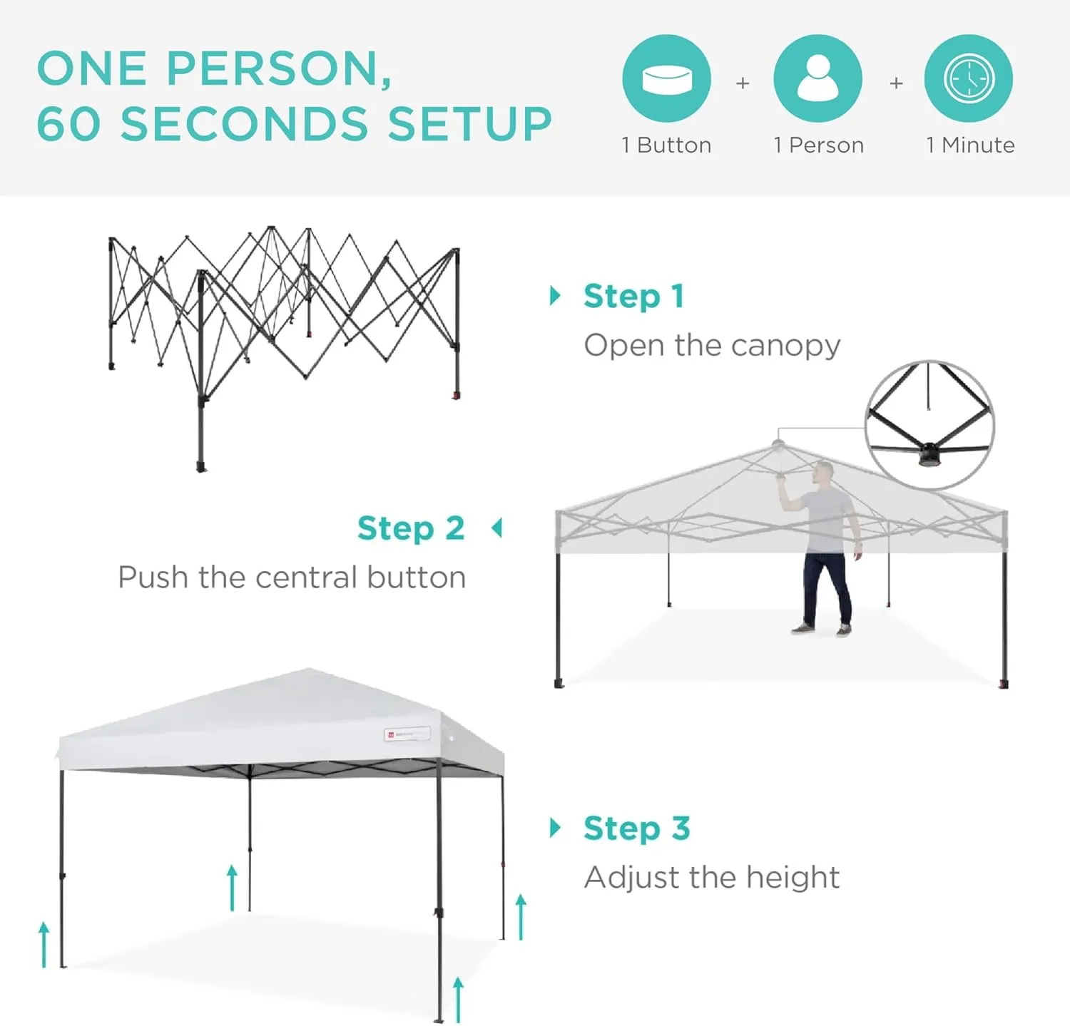 Best Choice Products 10x10ft 1-Person Setup Pop Up Canopy Tent Instant Portable Shelter w/ 1-Button Push, Case, 4 Weight Bags - White