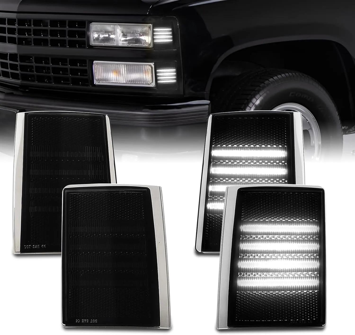 Bestview LED Front Corner Light Side Marker Turn Signal Light Compatible with GMC Sierra C/K 1500 2500 3500 Suburban Yukon,Upper & Lower Side Marker Reflector Light White Smoked Lens,4 Pack