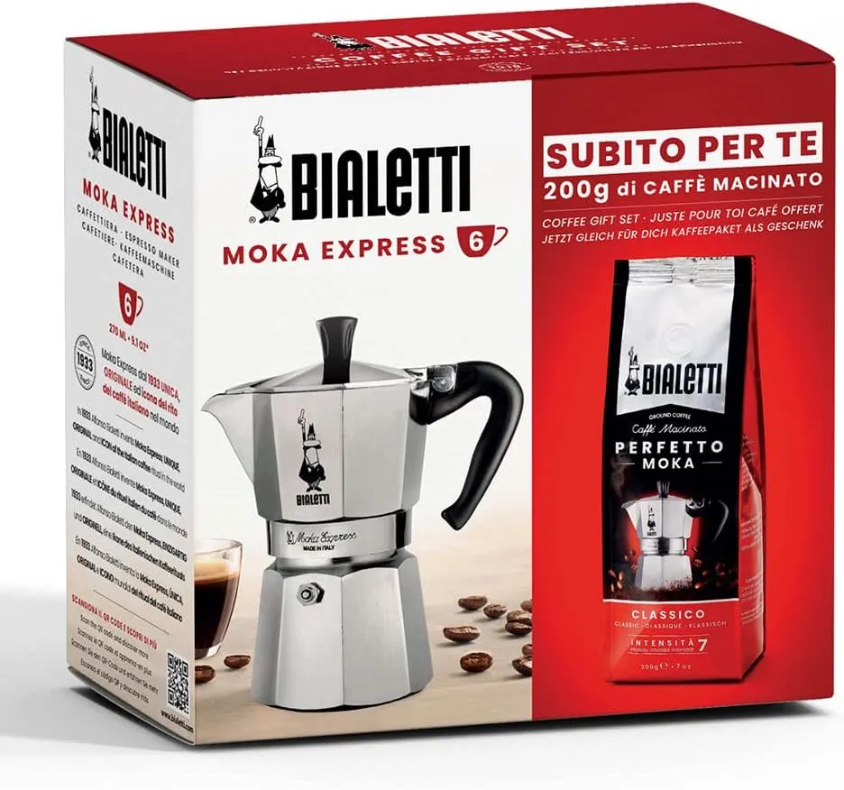 Bialetti Moka Express - Italian Espresso Maker 6 Cups with Perfetto Ground Coffee - Gift Box