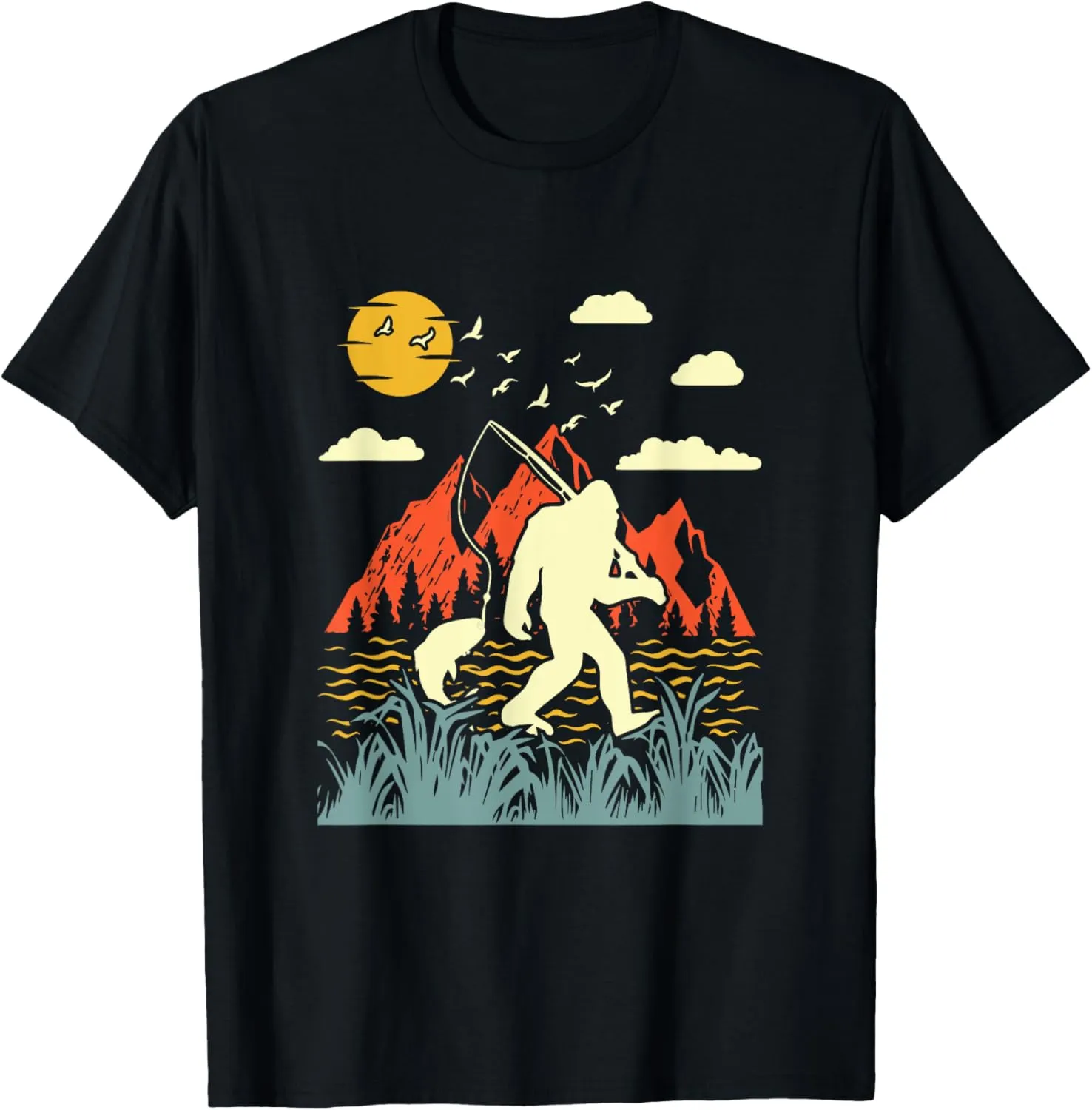 Bigfoot Fishing Funny Retro Sasquatch Dad Men Kids Lakeside T-Shirt