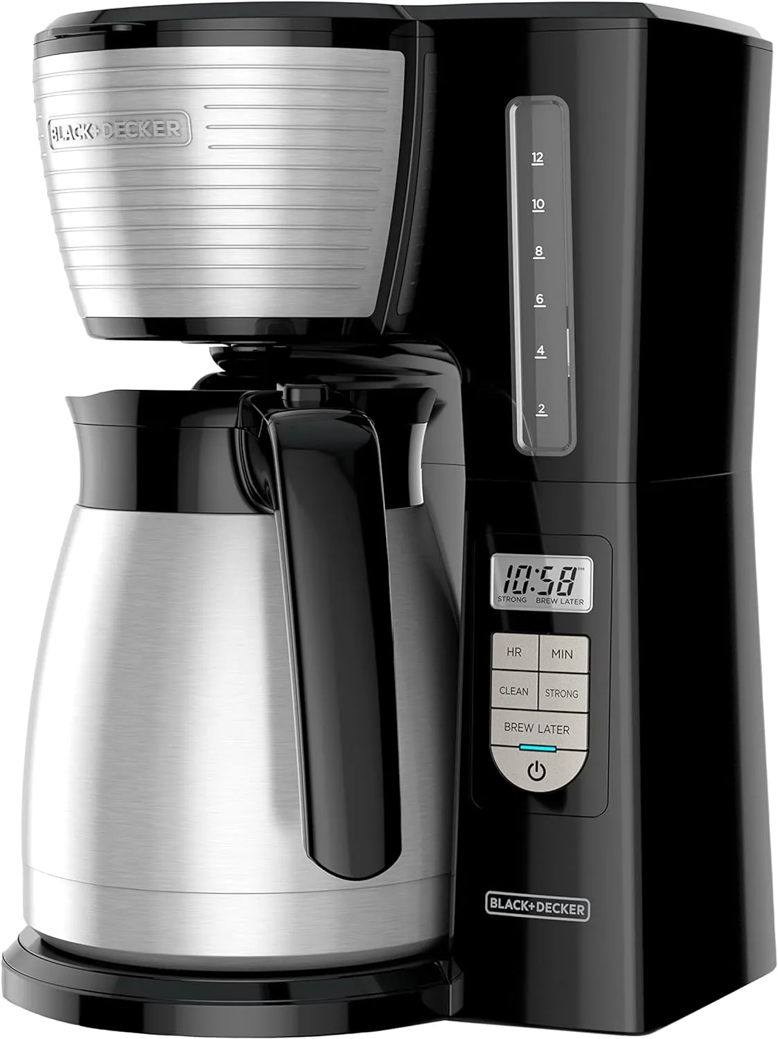 BLACK DECKER 12-Cup Thermal Programmable Coffee maker, Brew Strength Selector, Auto-clean, Black and Silver
