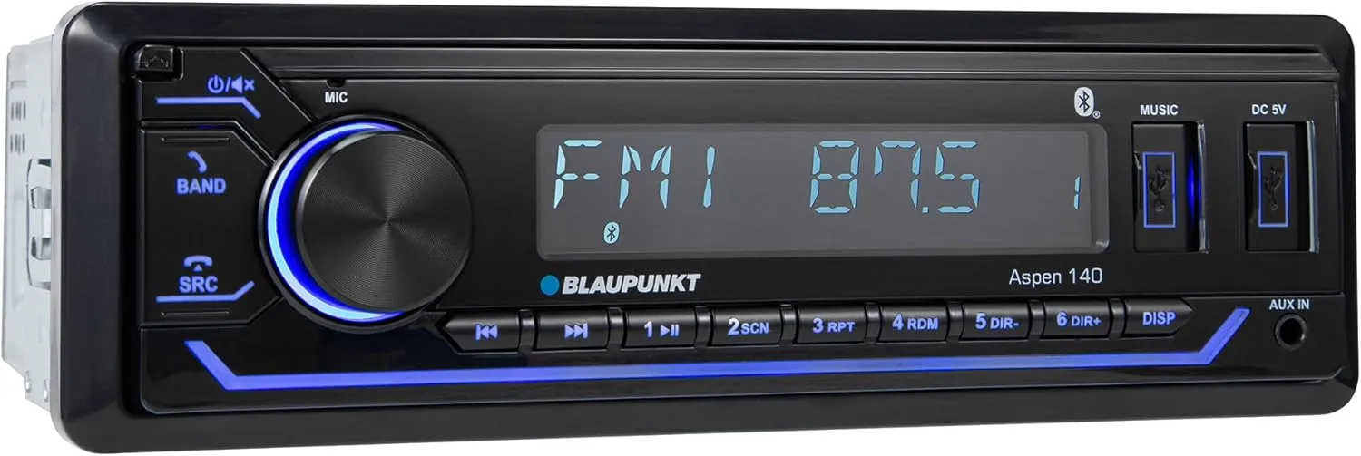 BLAUPUNKT ASPEN140 BT - 4 X 40W Stereo Digital USB Media Player, Receiver with Bluetooth, Detachable Panel, Hands Free Calling, Blue Light, Equalizer, 2 Front USB and Hook Up to Amplifier