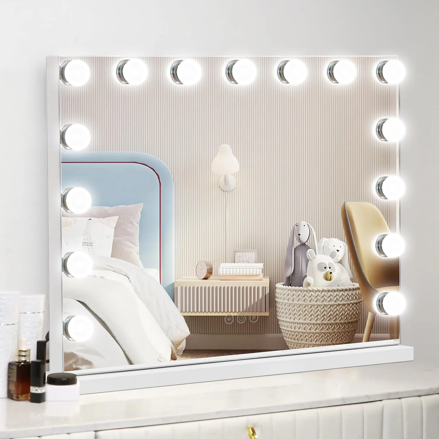 BODIOO Hollywood Vanity Mirror with Lights 23" x 18" Large Led Makeup Mirror with 15 Bulbs LED 3 Color Modes & USB Charging Port Aluminum Metal Frame, White