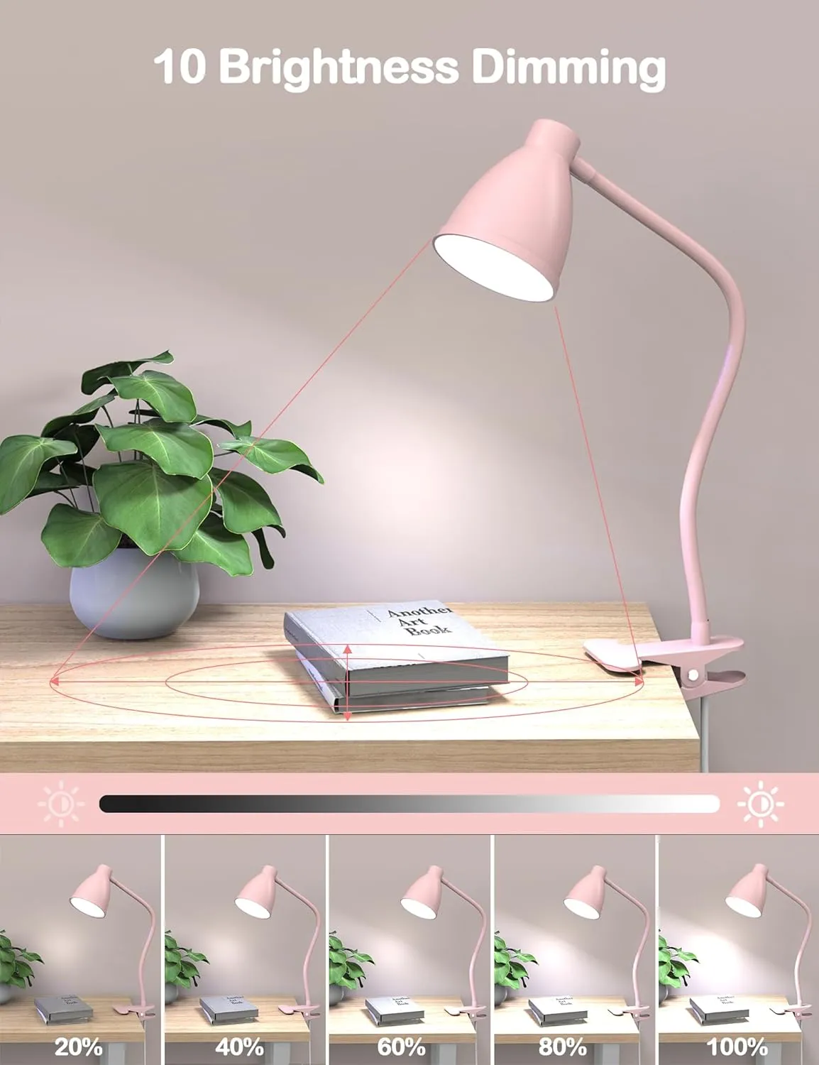 BOHON Cute Desk Lamp with Clamp 10W 38 LED Clip on Light, 3 Color 10 Brightness Auto Off Timer Flexible Gooseneck Pink Lamp Kawaii Accessories Desk Lights for Office Home Bed Bedside Reading, Pink