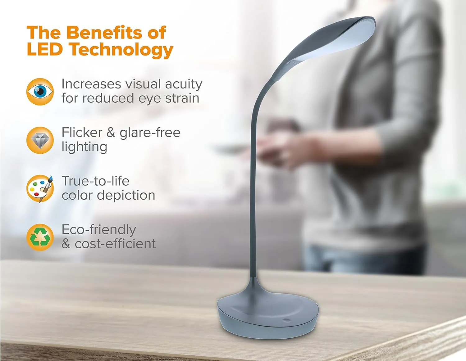 Bostitch Office LED Gooseneck Desk Lamp with USB Charging Port, 3 Dimming Levels, Touch Control, Gray (VLED1502-GR)