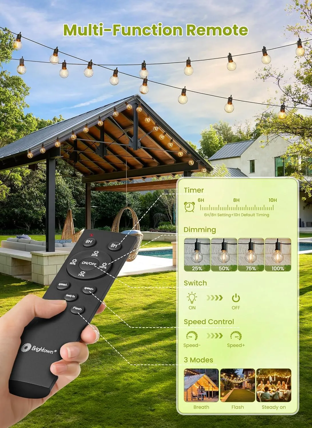 Brightown 58FT Solar String Lights Outdoor with Remote Cable Ties and Hooks, Commercial Grade Patio Lights with 26 LED Shatterproof Bulbs, 3 Light Modes Hanging Light for Backyard Party Decor