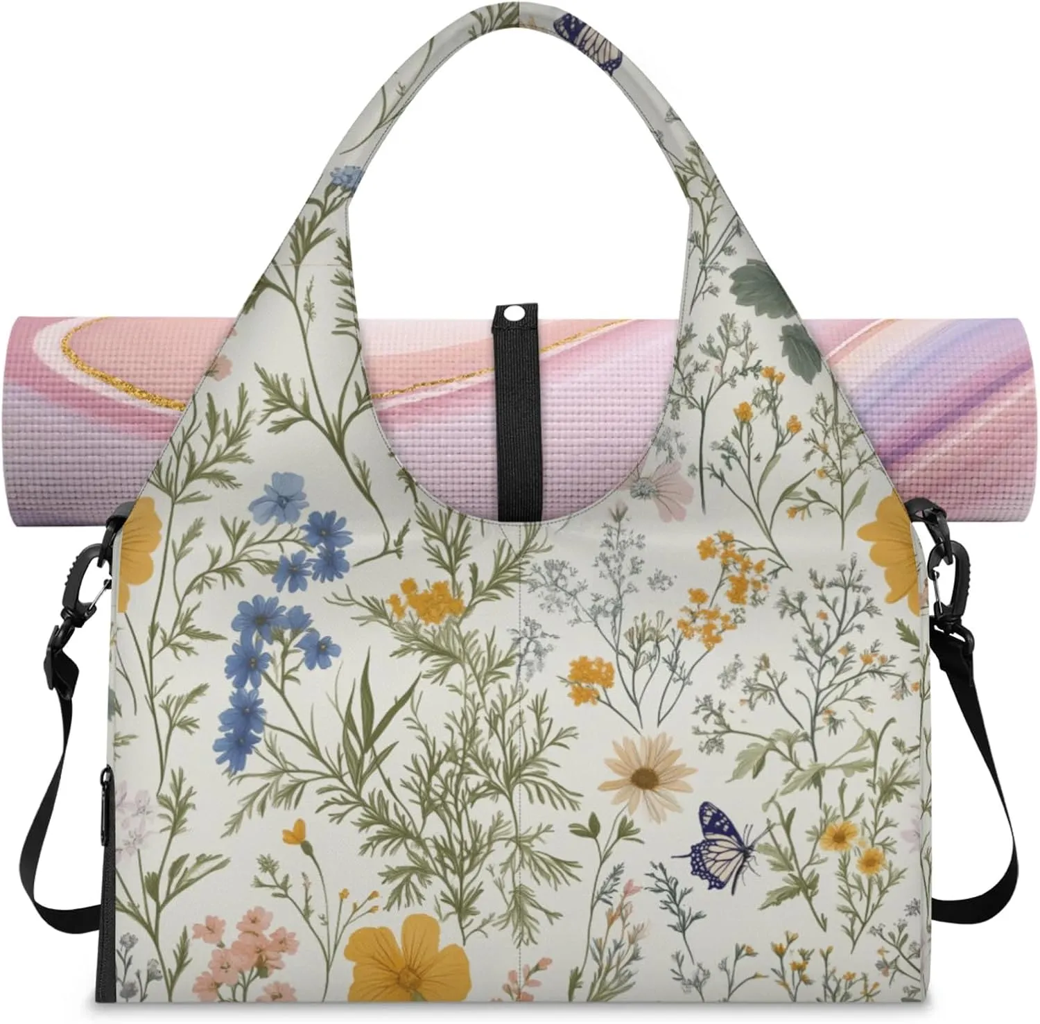 Butterfly Flower Print Gym Bag Yoga Mat Tote for Women with Shoes Compartment Lightweight Duffle Travel Carrier Wet Dry Storage Pockets Adjustable Pilates Mats Shoulder Bags for Sport Swim