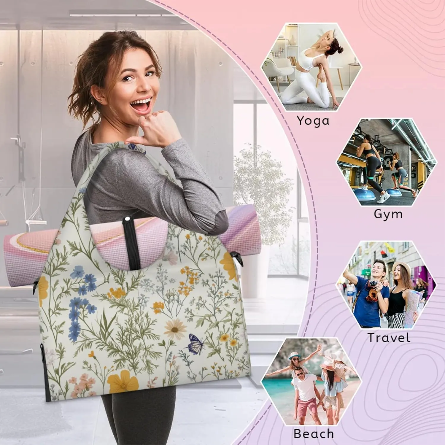 Butterfly Flower Print Gym Bag Yoga Mat Tote for Women with Shoes Compartment Lightweight Duffle Travel Carrier Wet Dry Storage Pockets Adjustable Pilates Mats Shoulder Bags for Sport Swim
