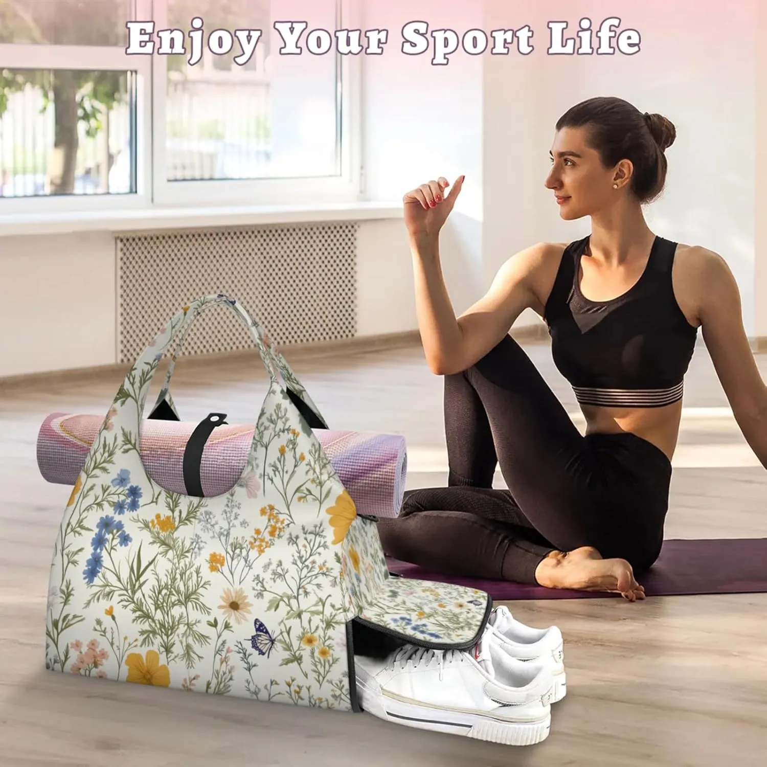 Butterfly Flower Print Gym Bag Yoga Mat Tote for Women with Shoes Compartment Lightweight Duffle Travel Carrier Wet Dry Storage Pockets Adjustable Pilates Mats Shoulder Bags for Sport Swim