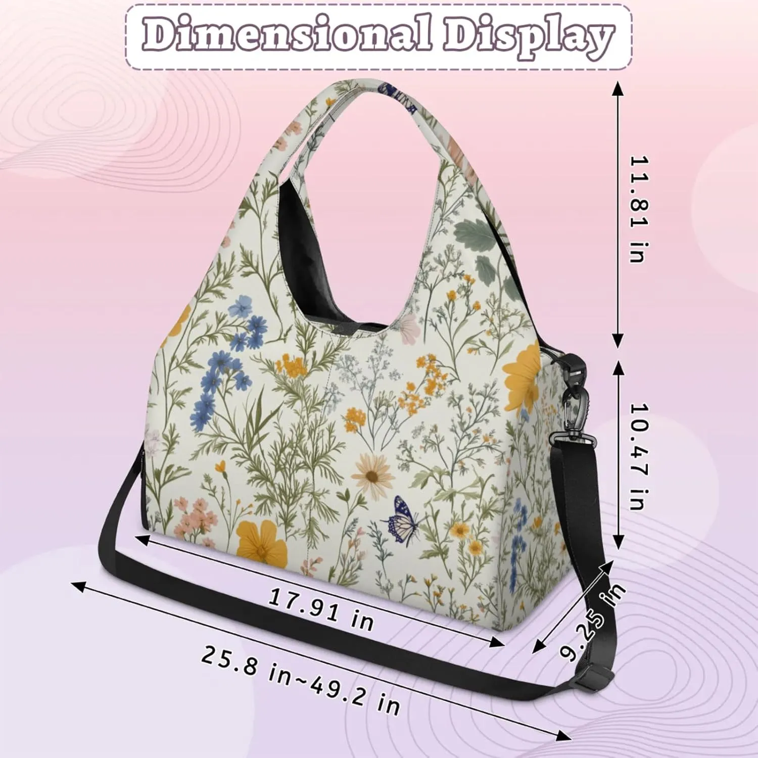 Butterfly Flower Print Gym Bag Yoga Mat Tote for Women with Shoes Compartment Lightweight Duffle Travel Carrier Wet Dry Storage Pockets Adjustable Pilates Mats Shoulder Bags for Sport Swim
