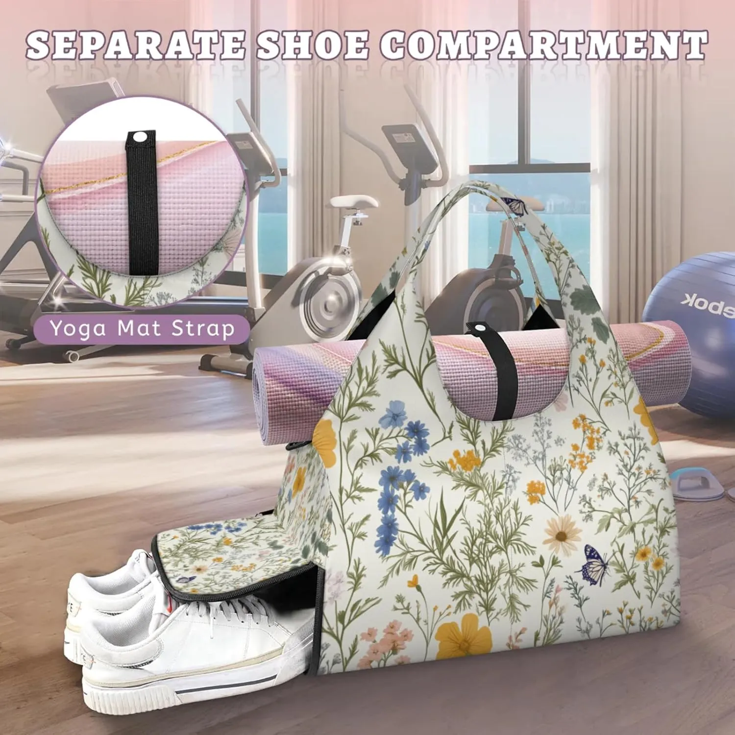 Butterfly Flower Print Gym Bag Yoga Mat Tote for Women with Shoes Compartment Lightweight Duffle Travel Carrier Wet Dry Storage Pockets Adjustable Pilates Mats Shoulder Bags for Sport Swim