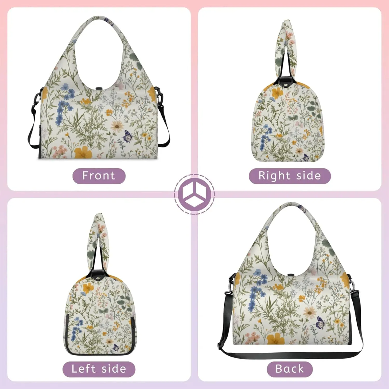 Butterfly Flower Print Gym Bag Yoga Mat Tote for Women with Shoes Compartment Lightweight Duffle Travel Carrier Wet Dry Storage Pockets Adjustable Pilates Mats Shoulder Bags for Sport Swim