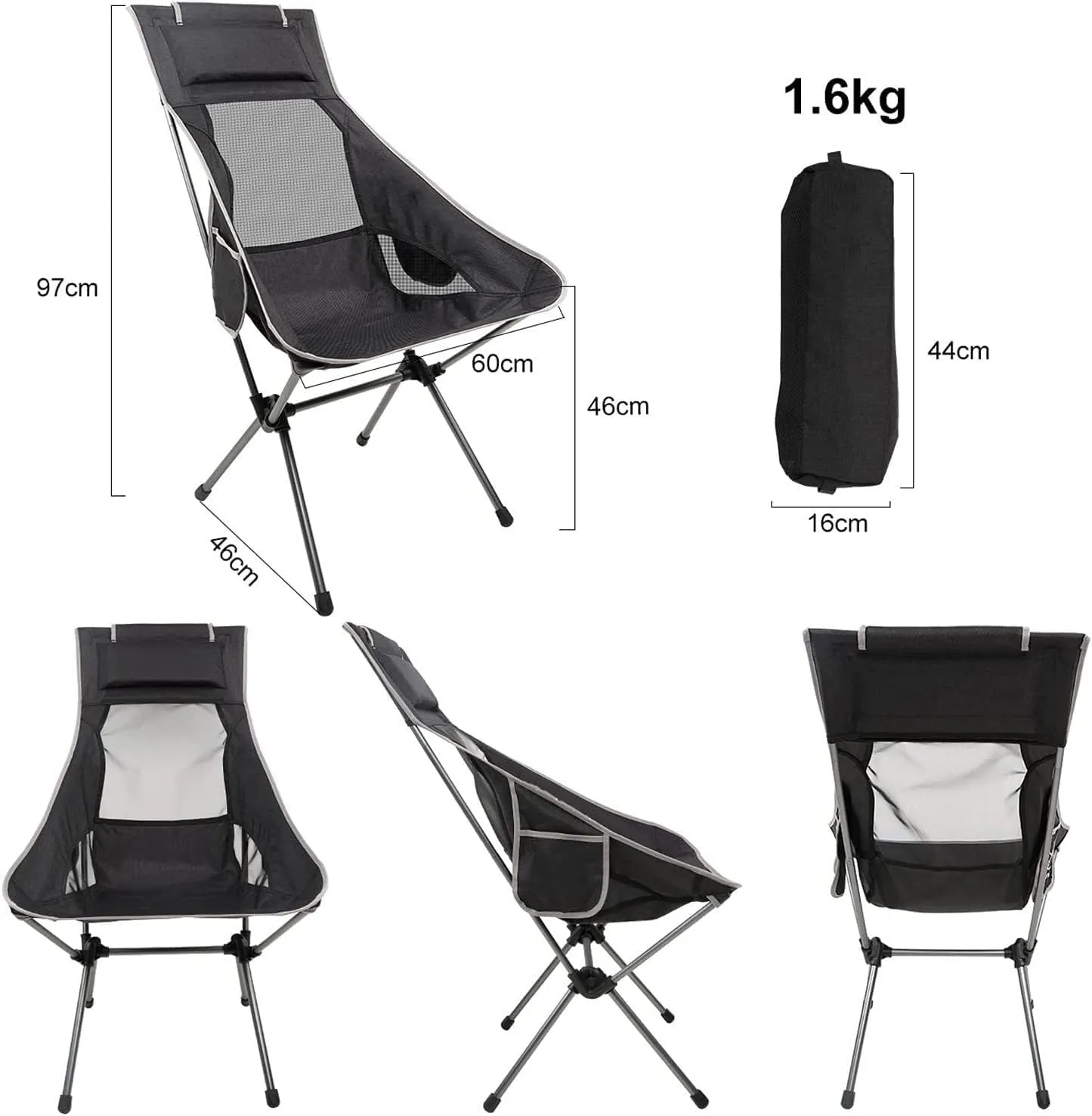 Camping Chair Fishing Chair Folding Chairs Camping Outdoor High Back Camping Chair Portable Folding Seat With Mesh Backrest Camping Fishing Stool With Quilted Pillow Lawn Chairs Outside ( Color : Blac