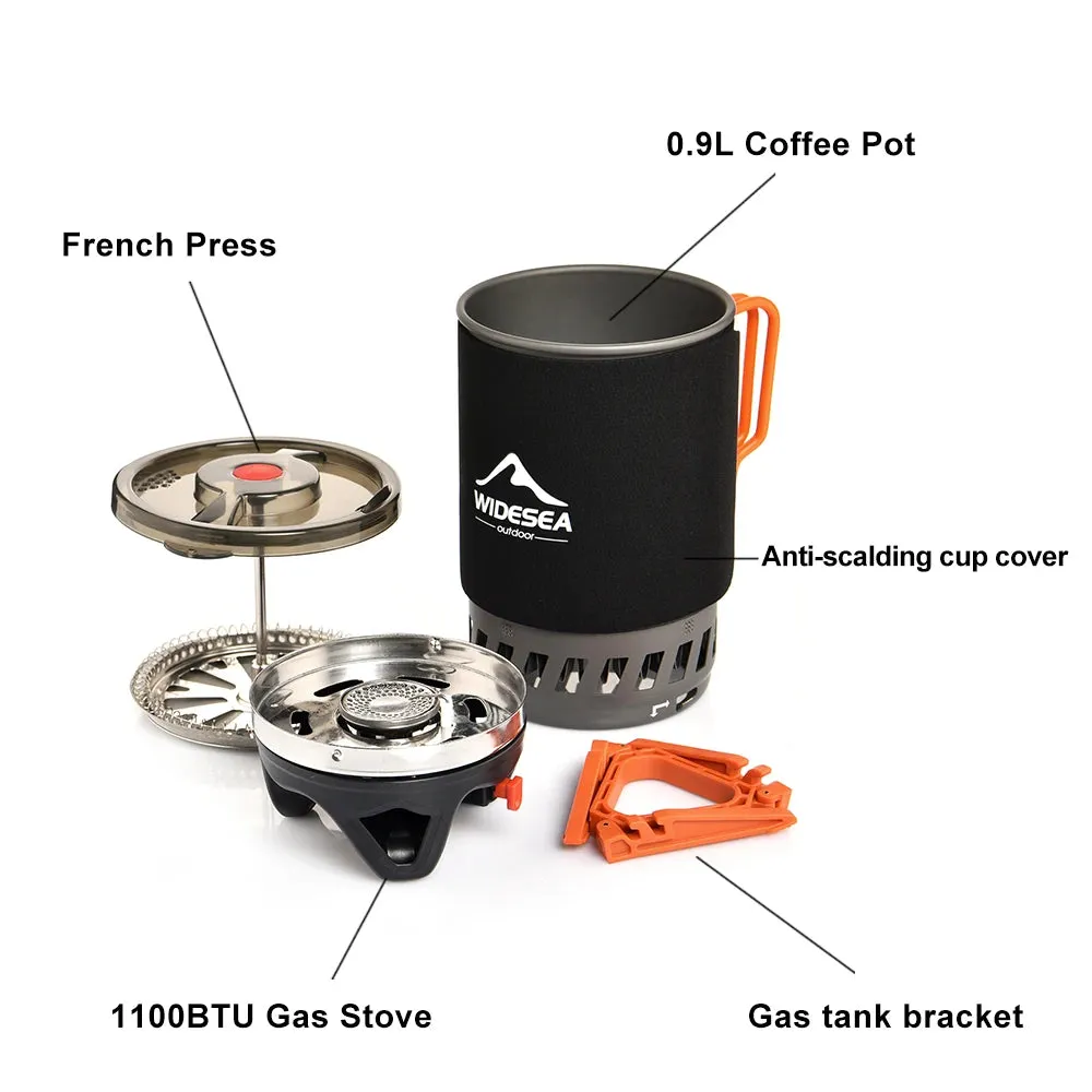 Camping Cooking System with Heat Exchanger Outdoor Gas Stove Burner Tourist Coffee Pot Cup Cookware Tableware Tourism