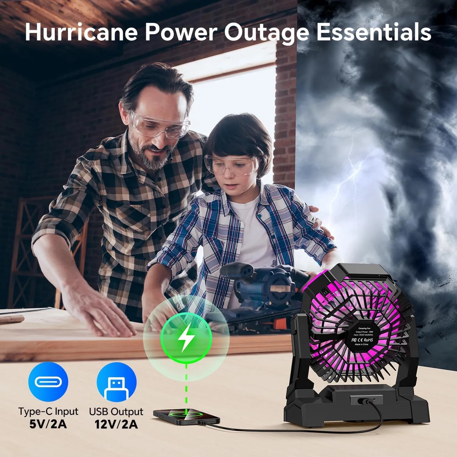 Camping Fan Pink with LED Lantern, 30000mAh Rechargeable Battery Operated Fan with 3 Speeds & Digtal, Personal USB Table for Camping Essential ＆ Hurricane-Ready