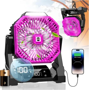 Camping Fan Pink with LED Lantern, 30000mAh Rechargeable Battery Operated Fan with 3 Speeds & Digtal, Personal USB Table for Camping Essential ＆ Hurricane-Ready