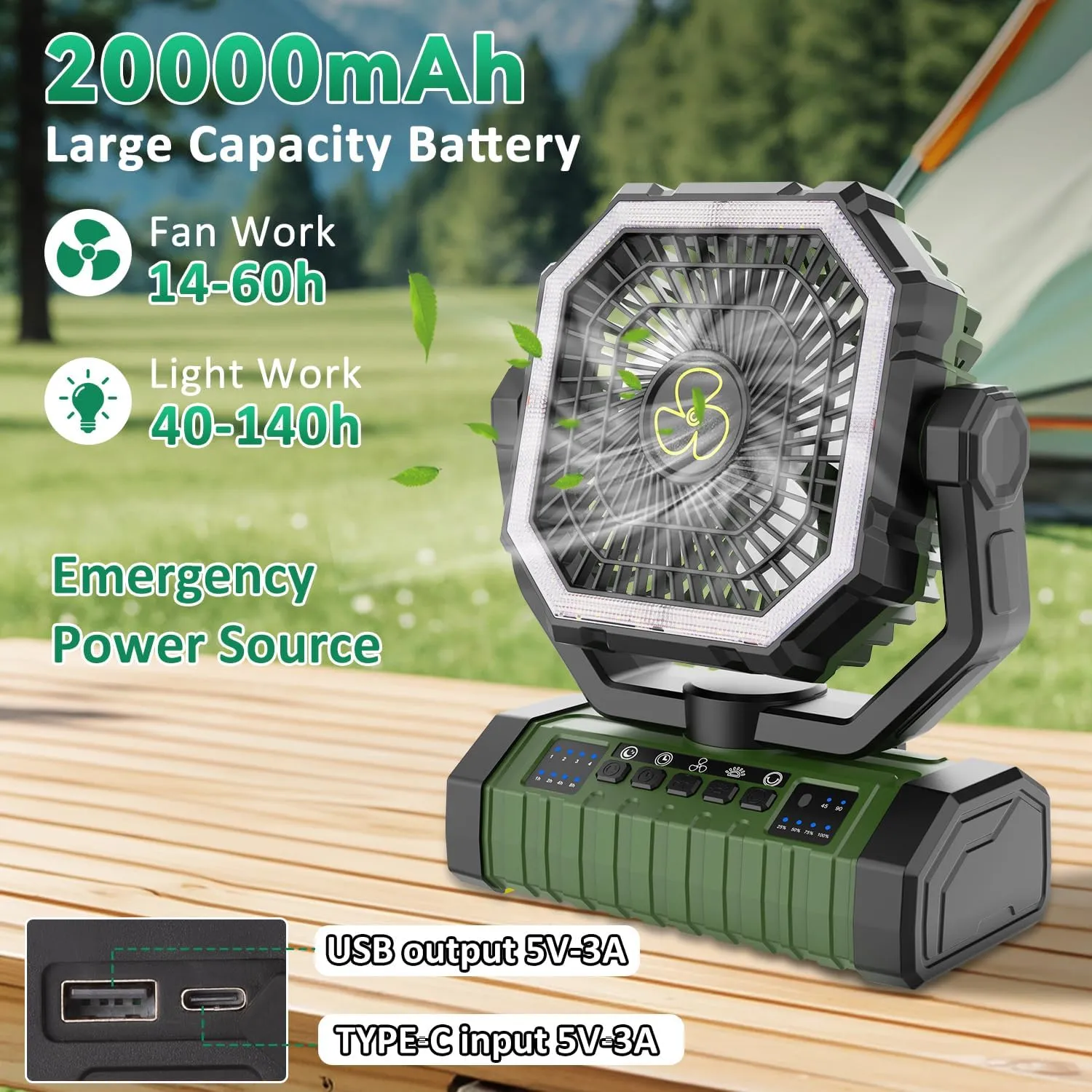 Camping Fan Rechargeable, 20000mAh Large Battery Powered Fan, 4 Speed Cordless Rechargeable Fans with Remote, Battery Operated Fans Portable with LED Light and Hanging Hook for Camp Tent Beach Outdoor