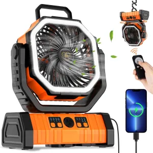 Camping Fan Rechargeable, 20000mAh Large Battery Powered Fan, 4Speed Rechargeable Fan Portable with Remote, Battery Operated Fans with LED Light and Hanging Hook, Cordless Fans for Tent Picnic Outdoor