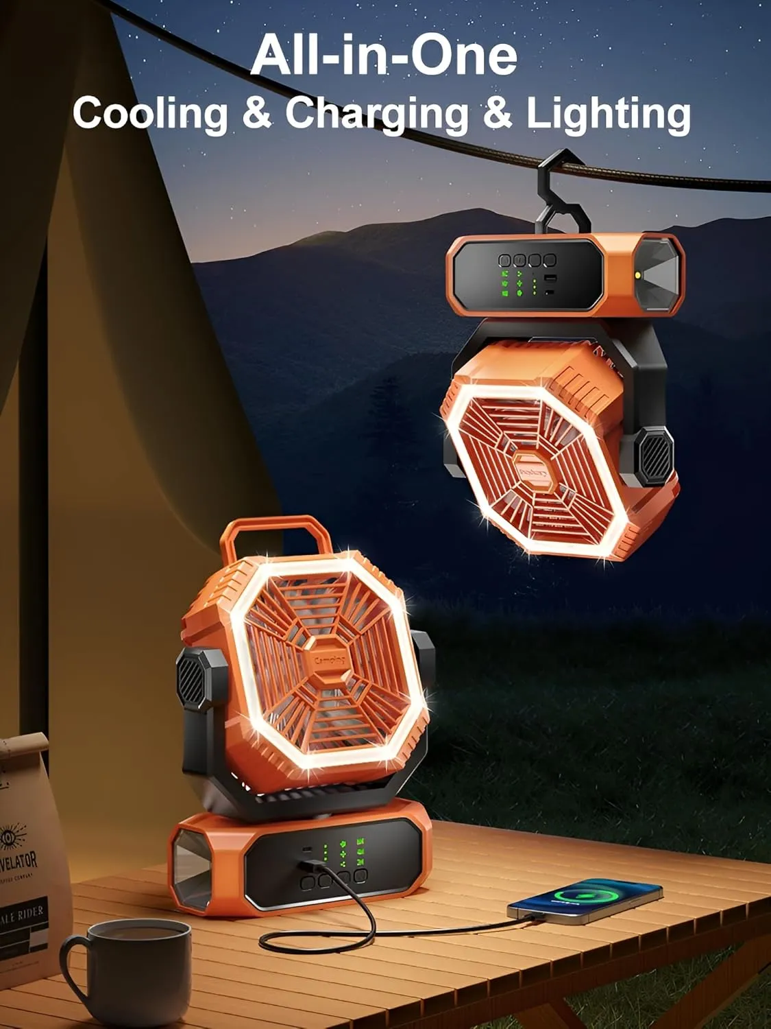 Camping Fan Rechargeable For Tents, Battery Powered,20000mAh,Portable USB Tent Fan,With LED light,Outdoor fan,Side-to-side Oscillation Feature,3 Levels Speed Settings,With Hook.