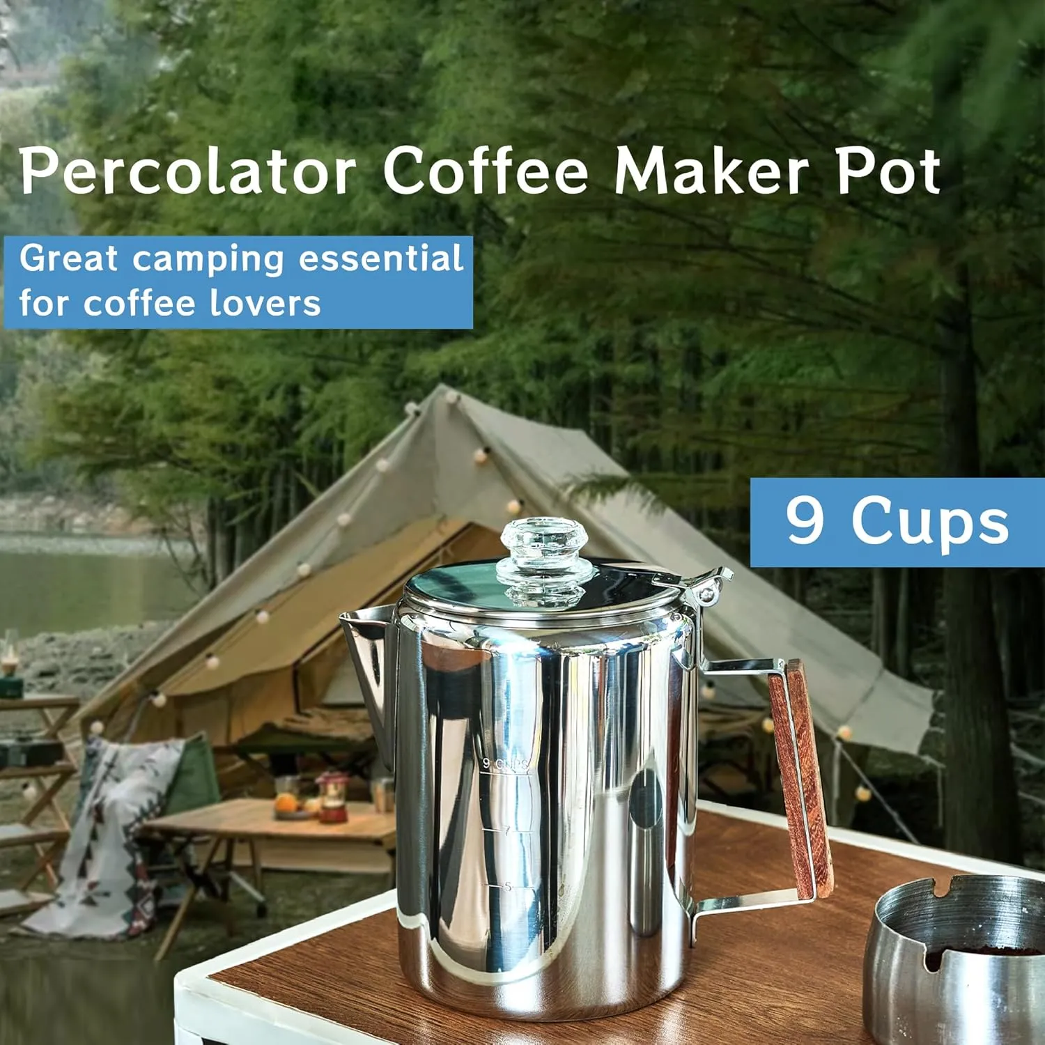 Camping-Fire Coffee Percolator Stovetop Pot- Stainless Steel Stove top Coffee Pot, Unleash Flavor in the Great Outdoors (9 Cups)