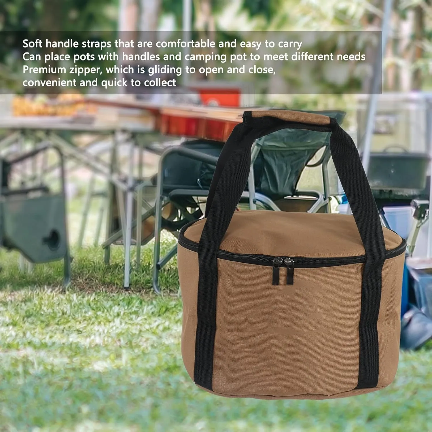 Camping Pot Storage Bag, 600D Oxford Cloth Outdoor Cookware Storage Holder Khaki Portable Tableware Organizer with Handle Straps for Picnics Hiking