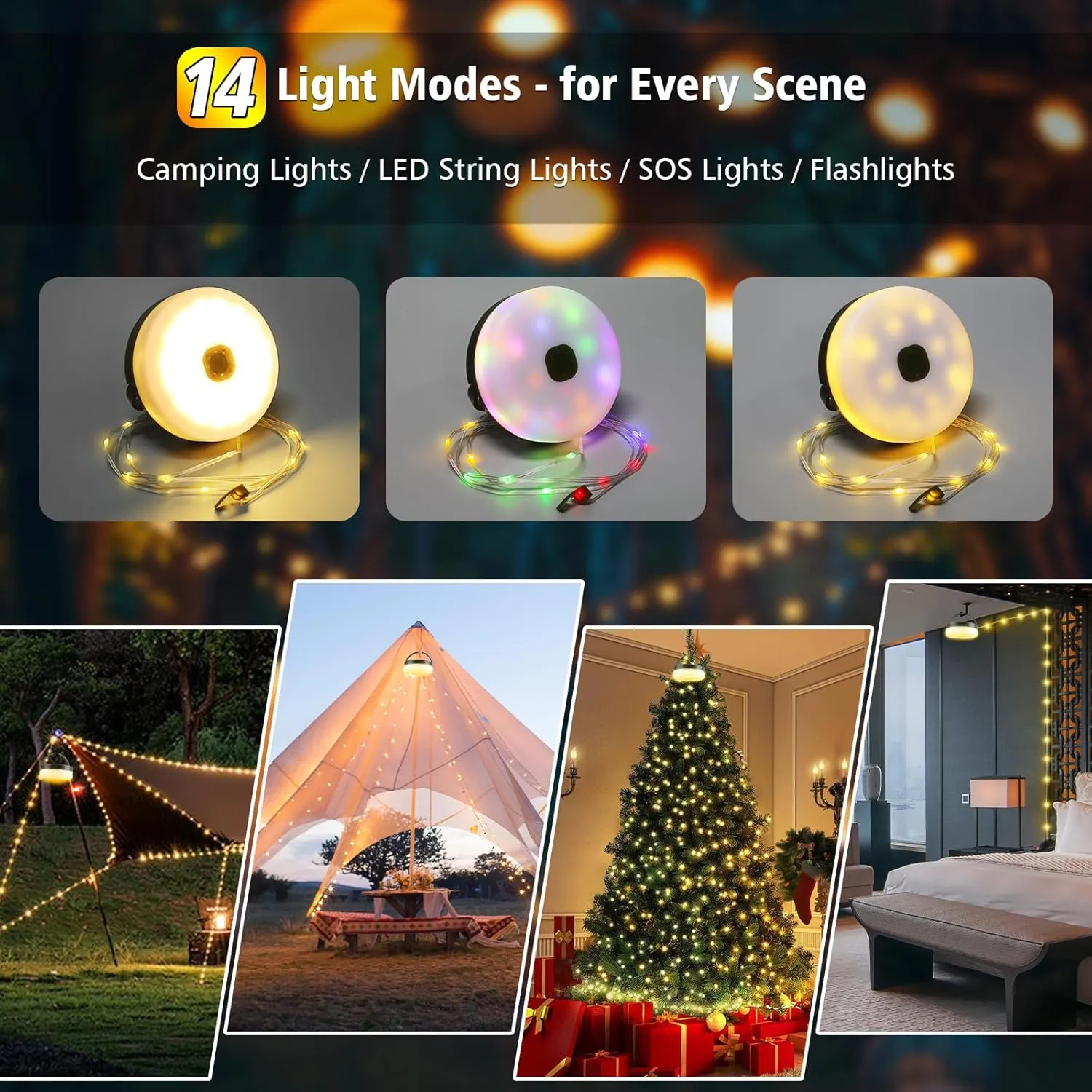 Camping String Lights, 4-in-1 32.8FT Rechargeable 100 LED Tent Lights with 14 Lighting Modes, Waterproof Hanging Light for Outdoor Patio Camping Hiking USB Charging, Portable LED Lamp for Garden