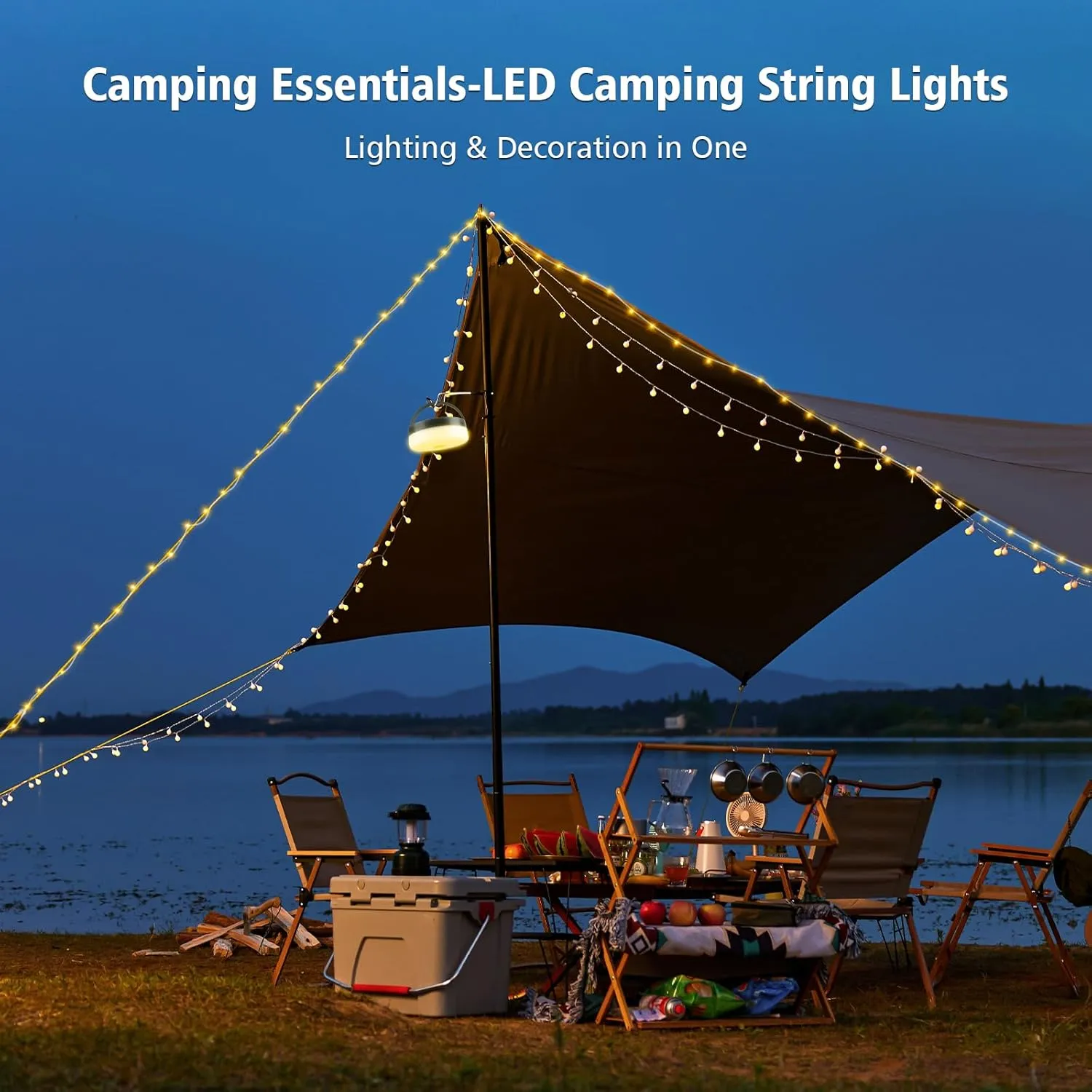 Camping String Lights, 4-in-1 32.8FT Rechargeable 100 LED Tent Lights with 14 Lighting Modes, Waterproof Hanging Light for Outdoor Patio Camping Hiking USB Charging, Portable LED Lamp for Garden