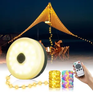 Camping String Lights, 4-in-1 32.8FT Rechargeable 100 LED Tent Lights with 14 Lighting Modes, Waterproof Hanging Light for Outdoor Patio Camping Hiking USB Charging, Portable LED Lamp for Garden