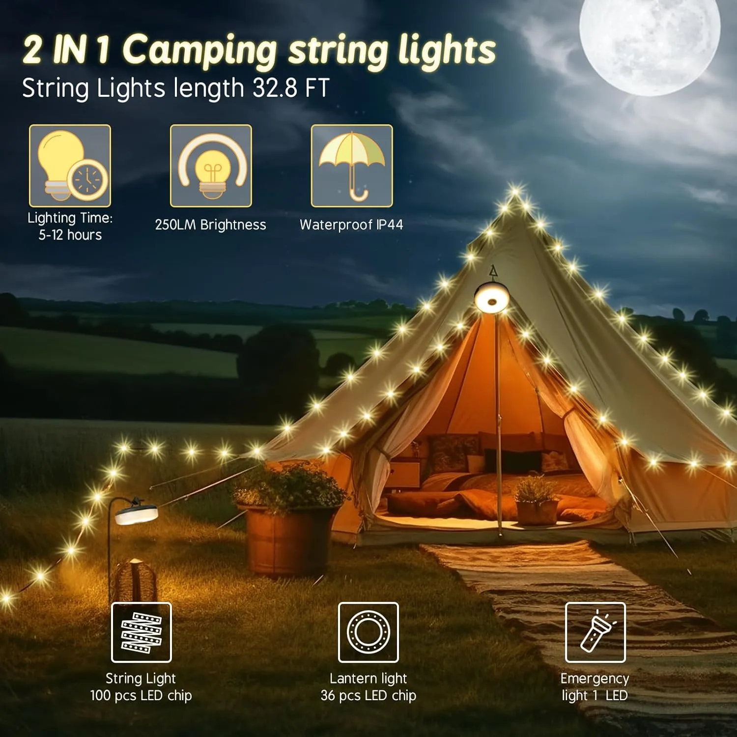Camping String Lights, Rechargeable Tent Lights String with 8 Lighting Modes, Camping Essentials Gear 32.8FT Lamp Light, Rechargeable Waterproof LED Light for Tent Yard Garden Hiking Decor 2 Pack