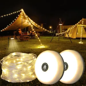 Camping String Lights, Rechargeable Tent Lights String with 8 Lighting Modes, Camping Essentials Gear 32.8FT Lamp Light, Rechargeable Waterproof LED Light for Tent Yard Garden Hiking Decor 2 Pack