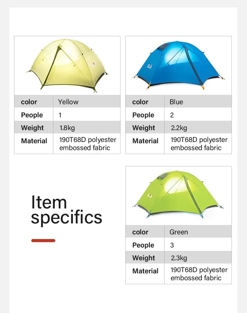Camping Ultralight Tent 1-3 Person 3 Season Double Layer Waterproof Aluminum Tent Comfort