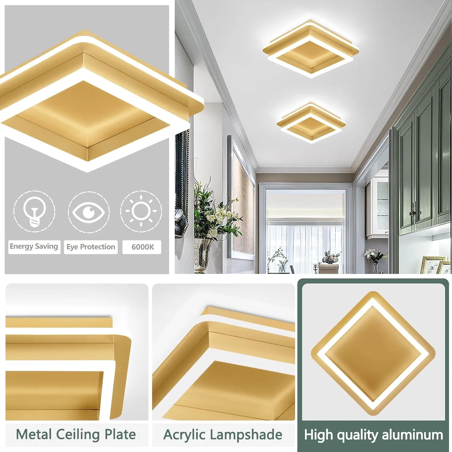 CANEOE Square LED Hallway Ceiling Light, Gold Modern Led Ceiling Light Fxitures, 6000K Cold White Small Flush Mount Ceiling Lamp for Hallway Bedroom Kitchen Balcony Cloakroom